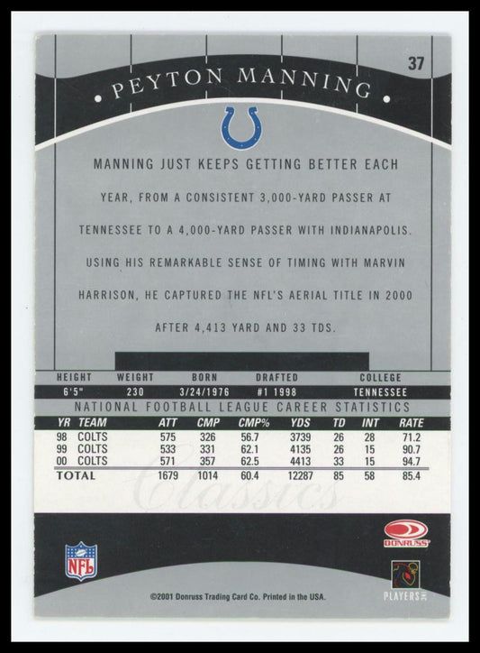 2001 Donruss Classics #37 Peyton Manning Indianapolis Colts Signed Card
