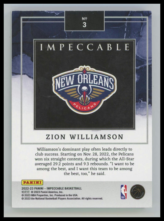 2022-23 Panini Impeccable Zion Williamson NBA Logo 1 Troy Ounce Silver Bar /20