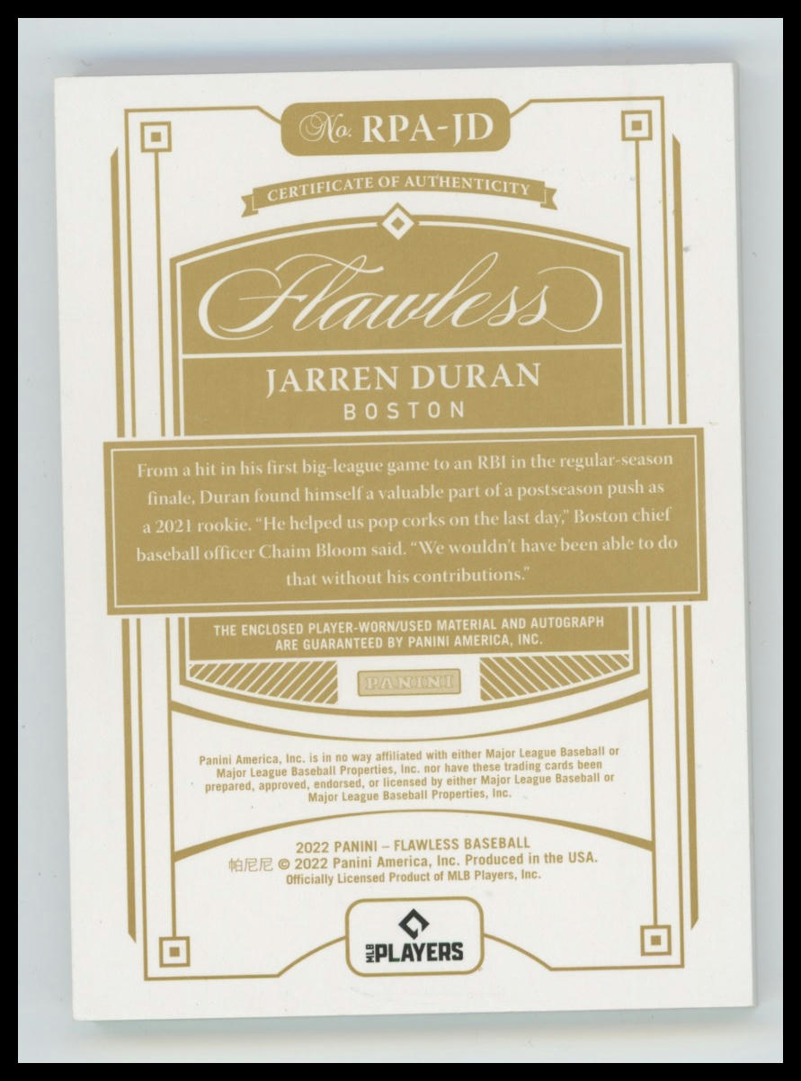 2022 Panini Flawless Jarren Duran Rookie Patch Autographs Emerald #/5