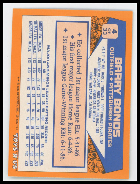 1987 Topps Toys "R" Us Rookies Barry Bonds