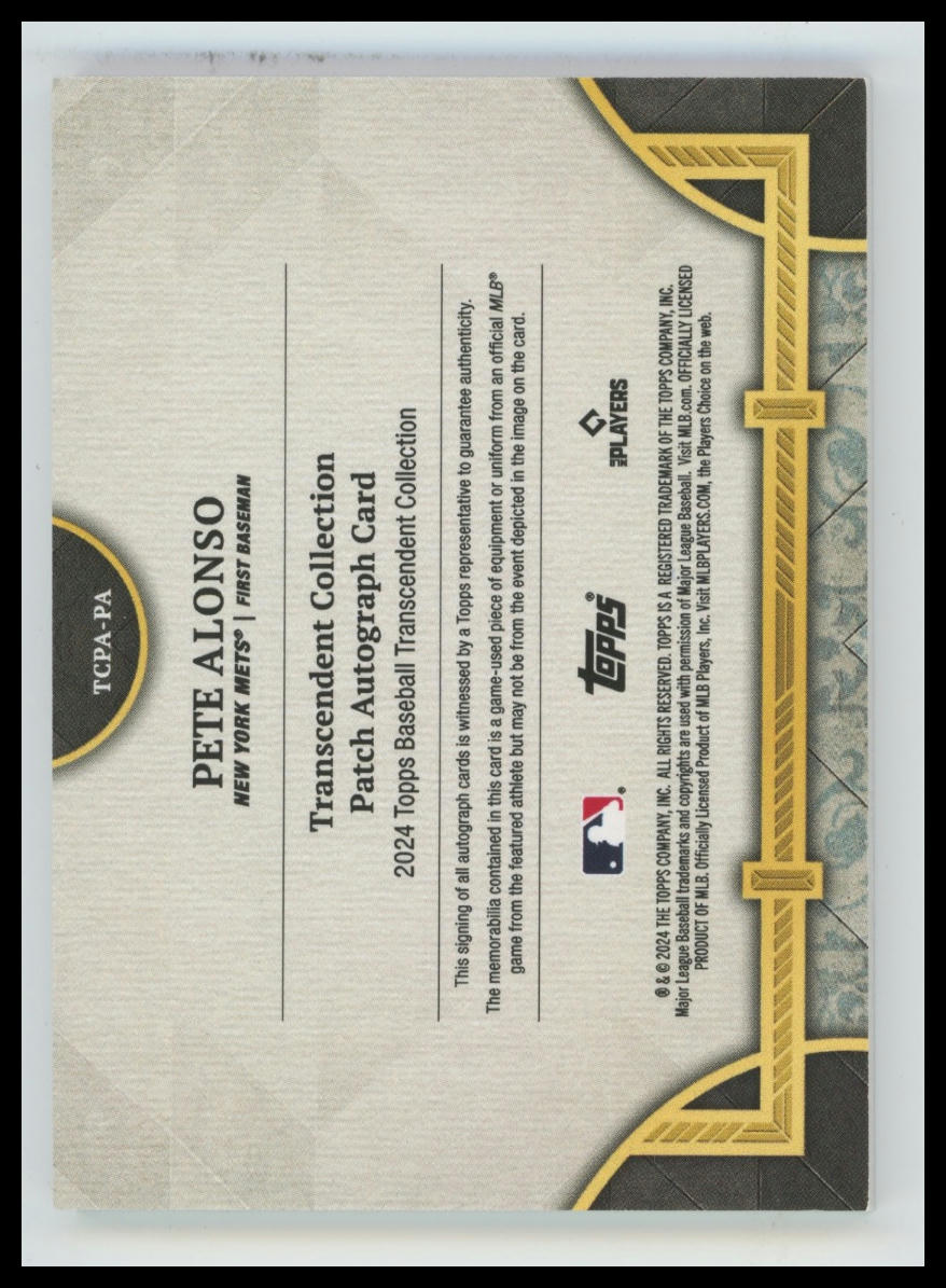 2024 Topps Transcendent Collection Pete Alonso Patch Auto /15 #TCPA-PA