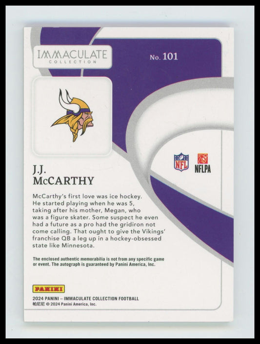 2024 Panini Immaculate J.J. McCarthy Rookie Patch Auto RC #/99 Vikings