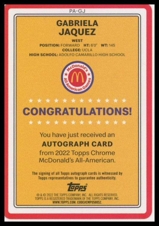 2022-23 Topps Chrome McDonald's Gabriela Jaquez Gameday Paper Auto #PA-GJ
