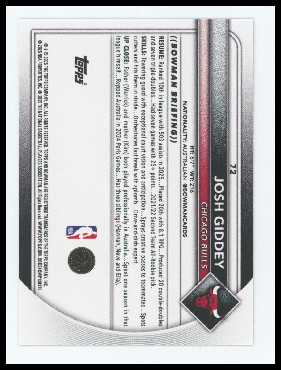 2025-26 Bowman Josh Giddey  Black Paisley /10 #72 Bulls