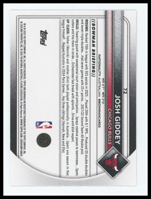 2025-26 Bowman Josh Giddey  Black Paisley /10 #72 Bulls