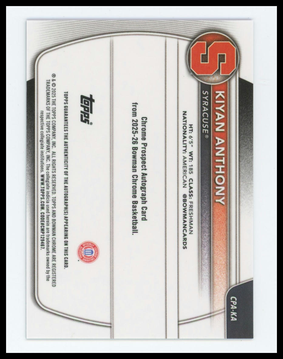 2025-26 Bowman Chrome CPA-KA KIYAN ANTHONY Blue X-Fractor Auto /150 1st Bowman