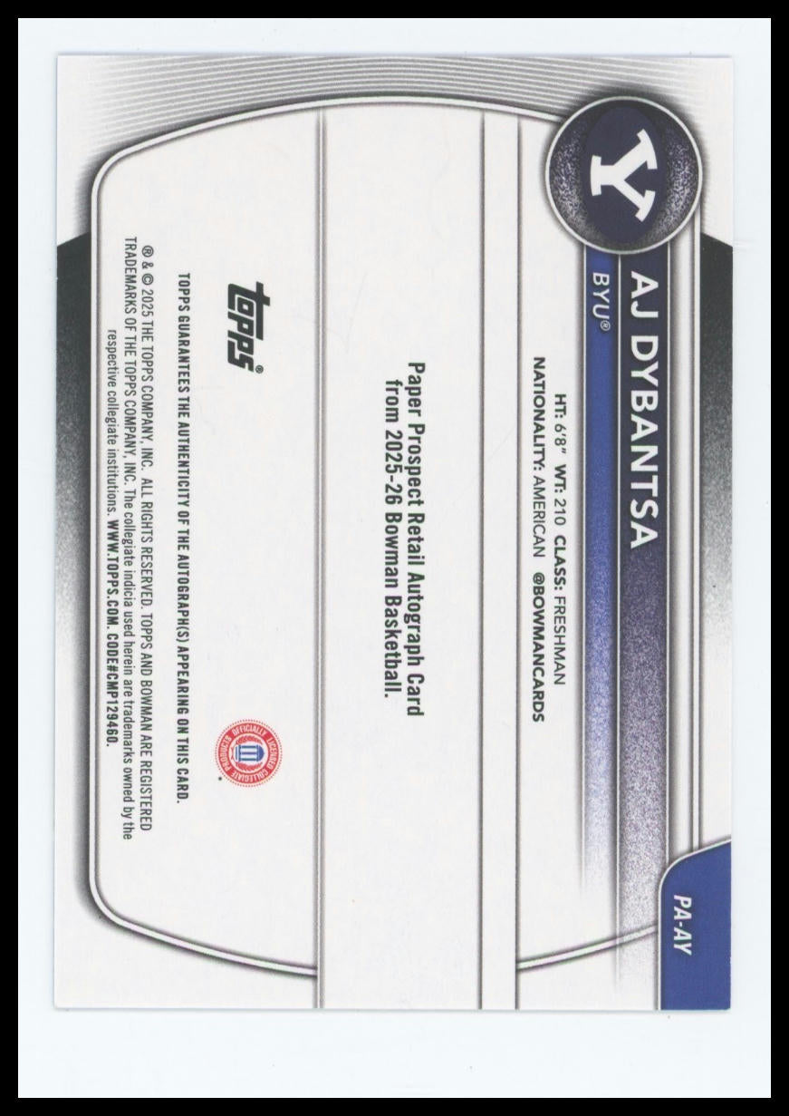 2025 Bowman Basketball - AJ Dybantsa Blue 1st Bowman Auto 021/150 #PA-AY