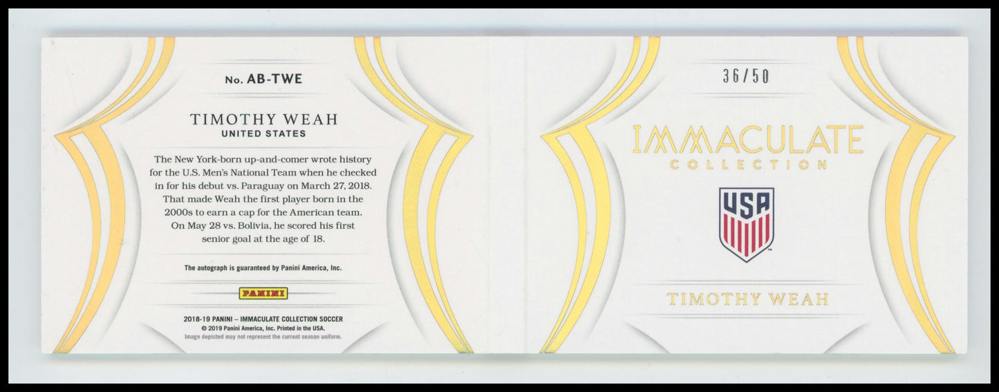 Timothy Weah 2018 Panini Immaculate 37/50 Auto Booklets #AB-TWE USA