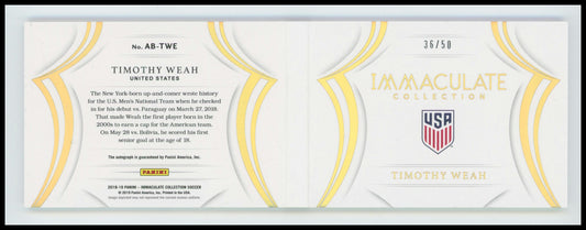 Timothy Weah 2018 Panini Immaculate 37/50 Auto Booklets #AB-TWE USA