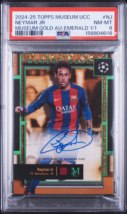 2024 unknown unknown 2025 Topps Museum Collection UEFA Club Competitions Museum Gold Autographs Neymar Jr Emerald 1/1 NJ English PSA 8