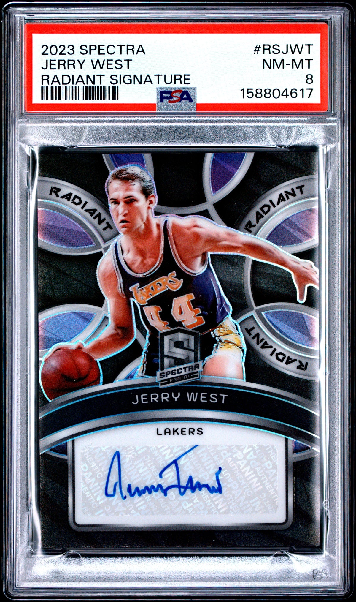 2023 Panini Spectra Radiant Signatures Jerry West RSJWT English PSA 8