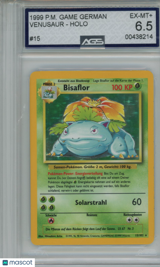 1999 Pokemon Base Set VENUSAUR #015 Unlimited AGS 6.5