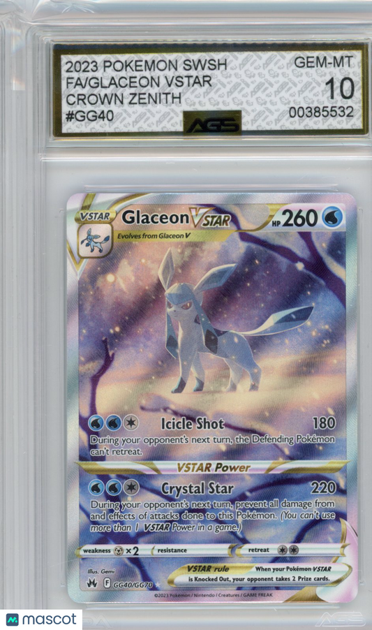 2023 Pokemon Crown Zenith Glaceon VSTAR #GG40 AGS 10