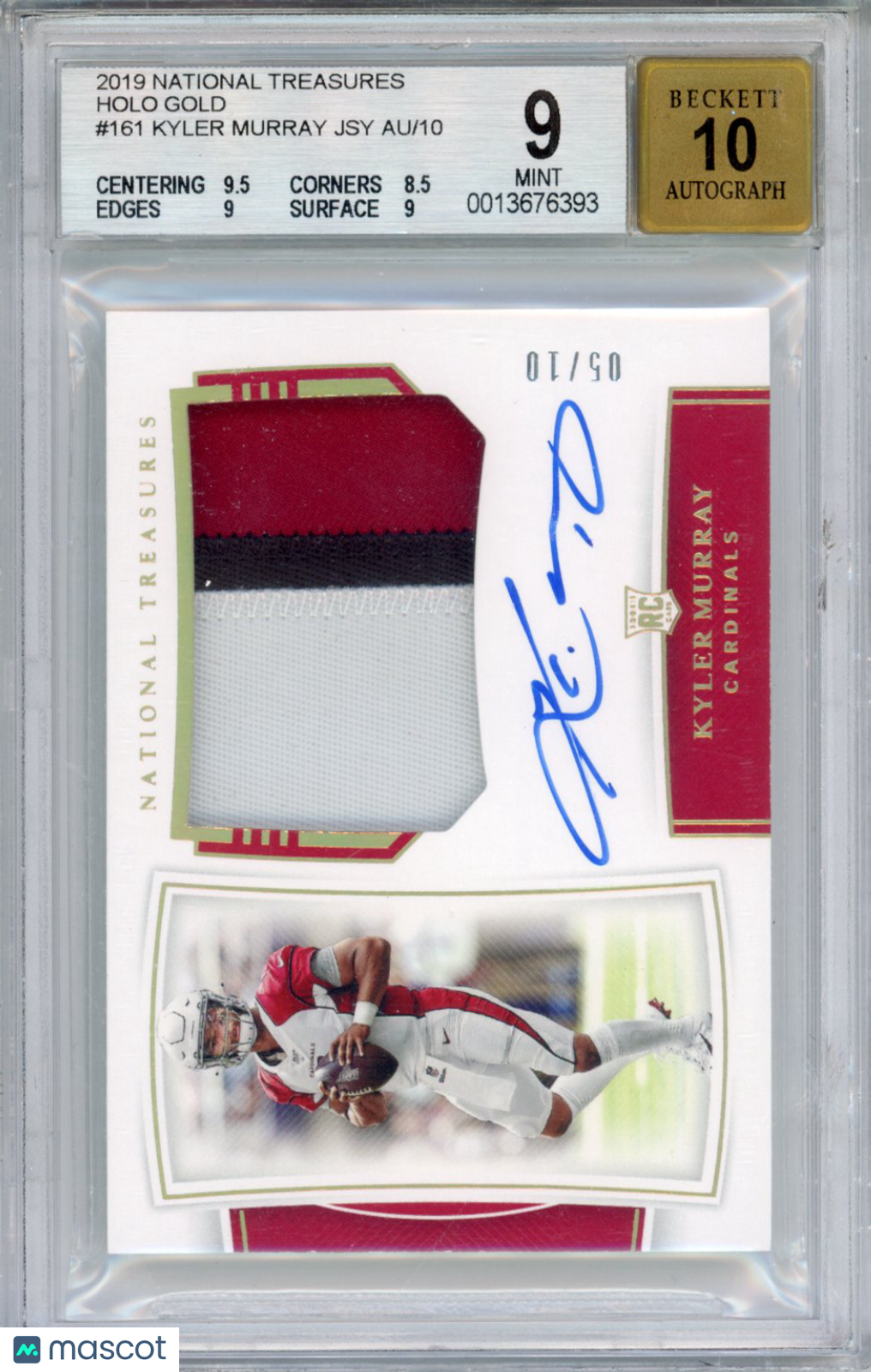 2019 National Treasures Kyler Murray #161 Gold Rookie Patch Auto RPA RC BGS 9
