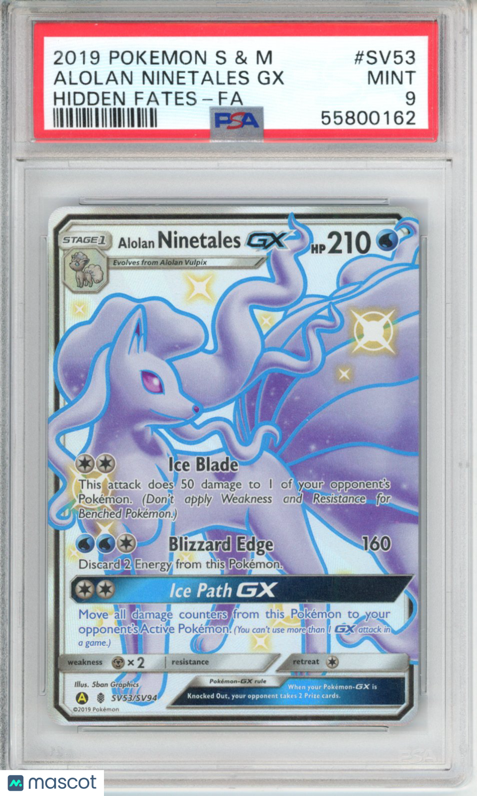 2019 Pokemon Sun & Moon Hidden Fates Alolan Ninetales GX #SV53 Hidden Fates-Fa PSA 9