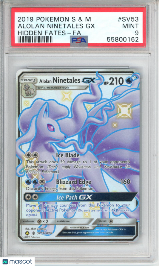 2019 Pokemon Sun & Moon Hidden Fates Alolan Ninetales GX #SV53 Hidden Fates-Fa PSA 9