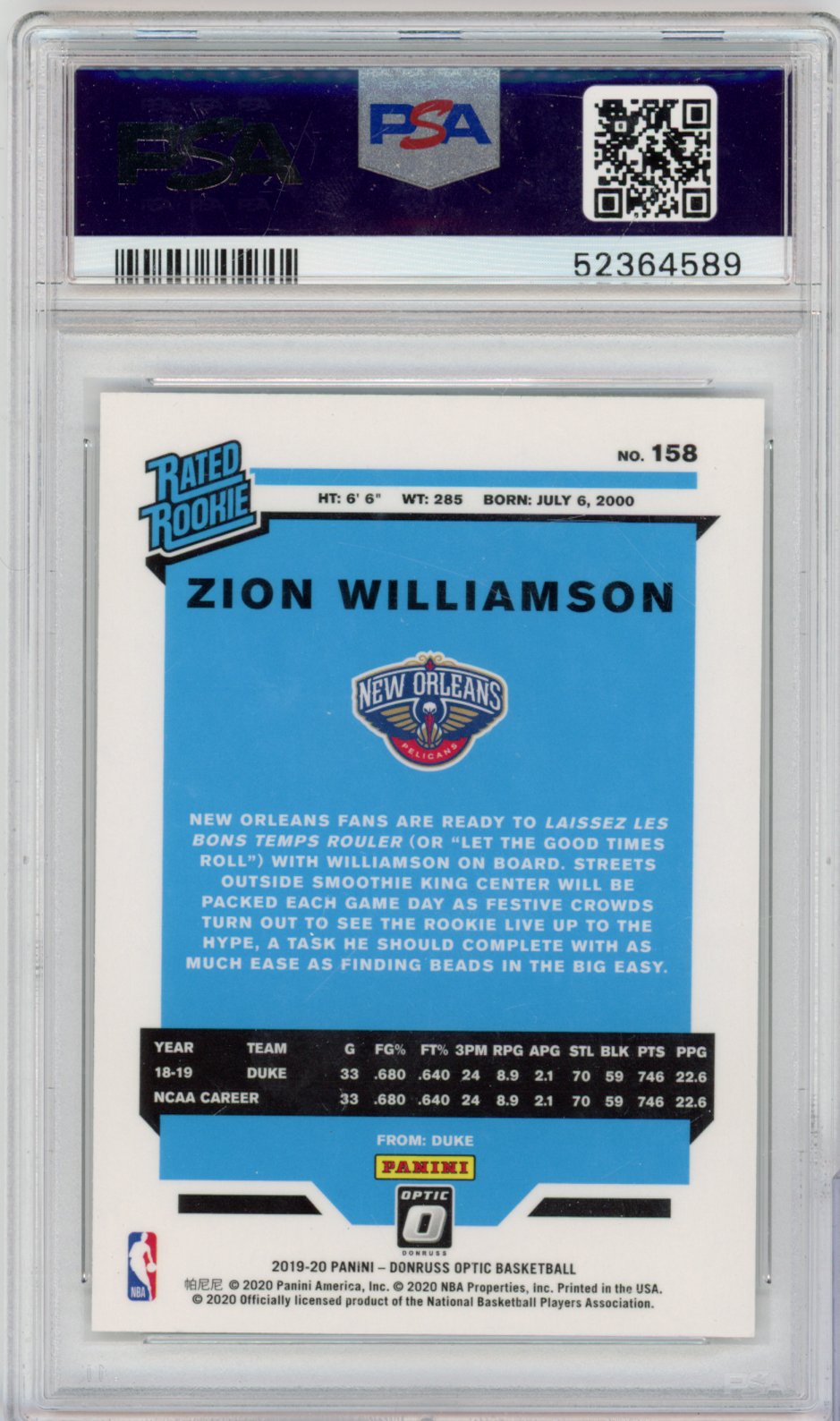 2019 Panini Donruss Optic Basketball Zion Williamson #158 Zion Williamson Donruss Optic English PSA 9