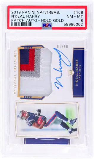 2019 National Treasures N'keal Harry #168 Rookie Patch Auto Gold /10 PSA 8 RPA