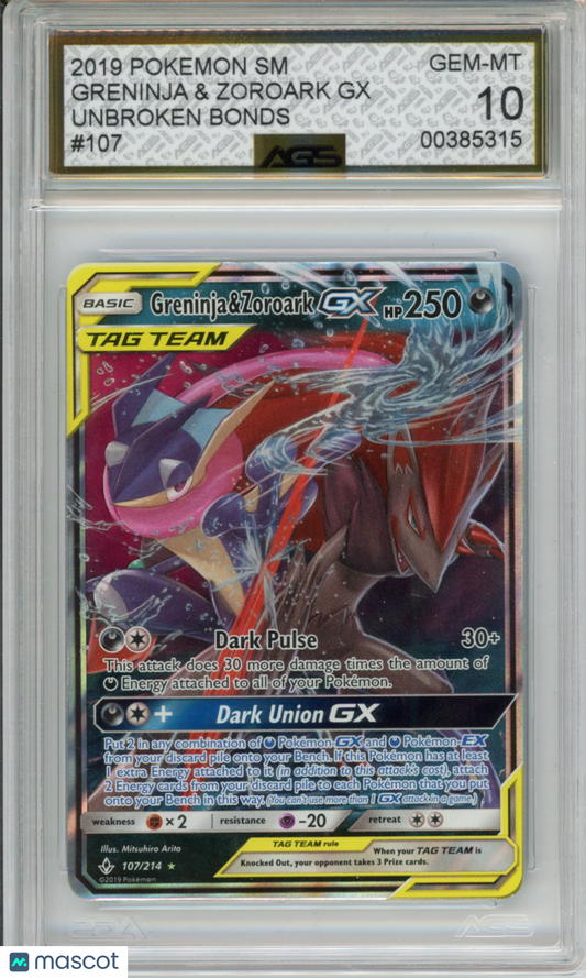 2019 Pokemon Unbroken Bonds Greninja & Zoroark GX #107 AGS 10