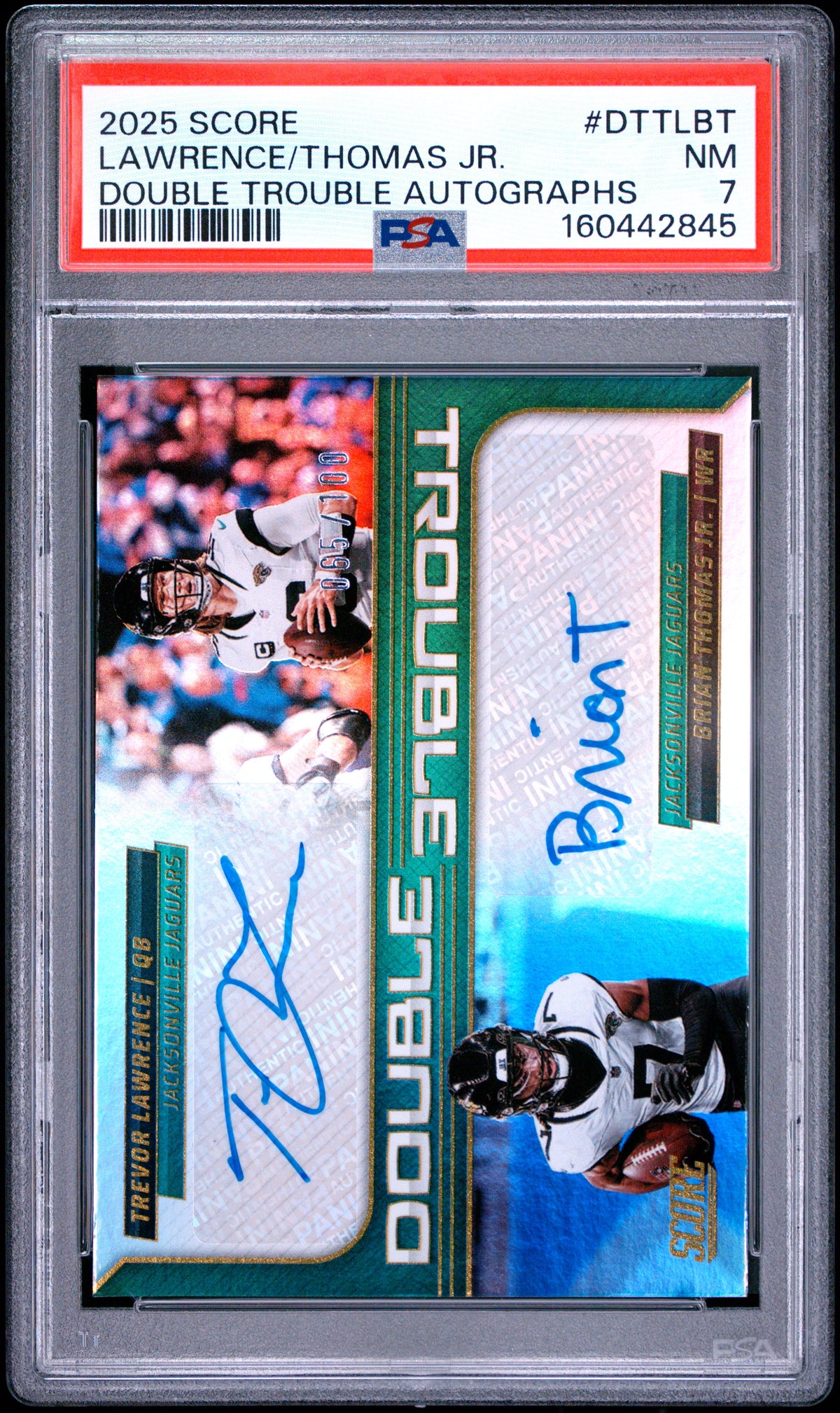 2025 Panini Score Double Trouble Autographs Brian Thomas Jr./Trevor Lawrence DTTLBT English PSA 7