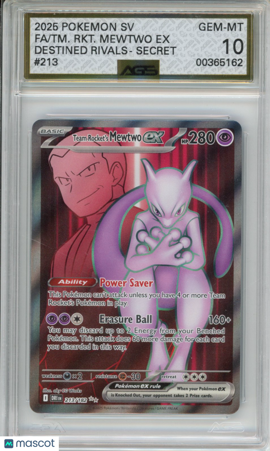 2025 Pokemon Destined Rivals Team Rocket's Mewtwo ex #213 AGS 10