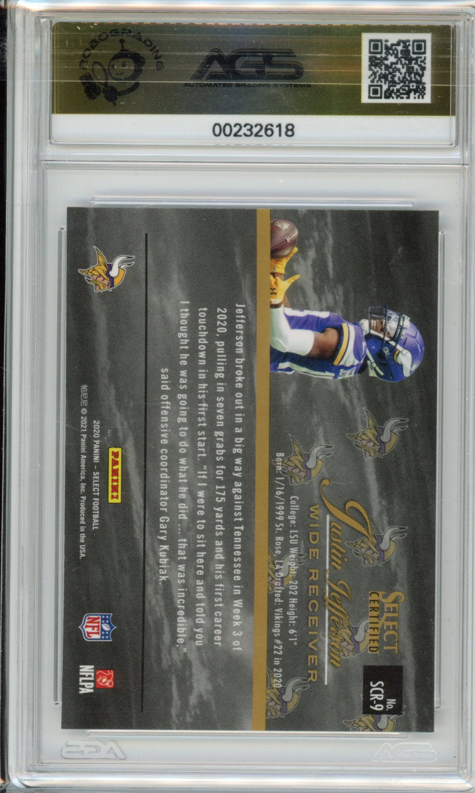 2021 Panini Select Justin Jefferson #SCR-9 Certified Rookies AGS 10