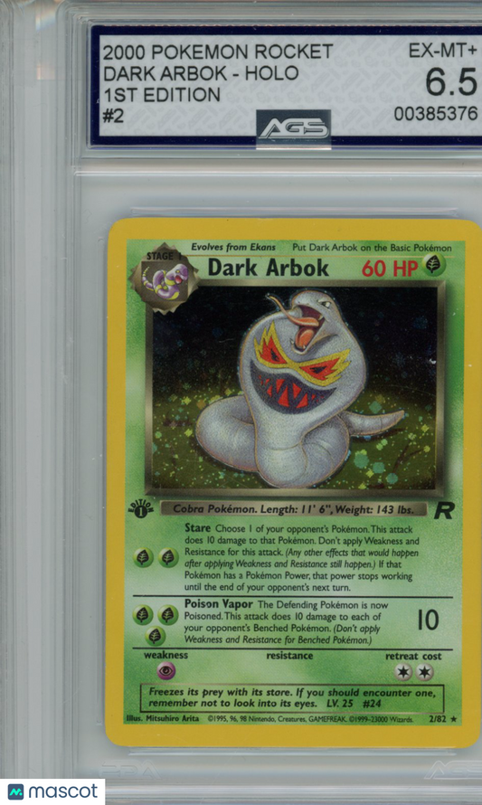2000 Pokemon Team Rocket Dark Arbok #002 1st Edition AGS 6.5