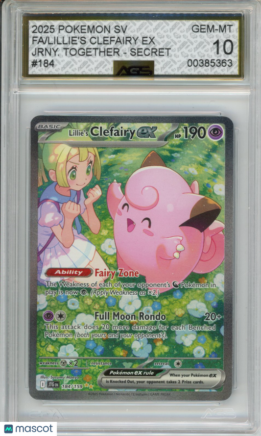 2025 Pokemon JOURNEY TOGETHER Lillie's Clefairy ex #184 AGS 10