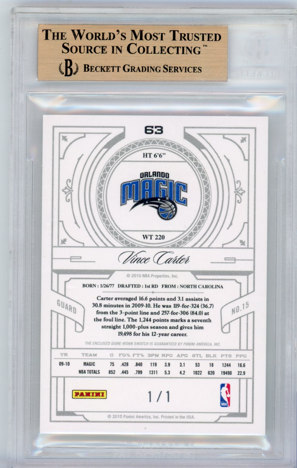 2009 Playoff National Treasures Century Materials Vince Carter #63 NBA Logoman English BGS 9.5