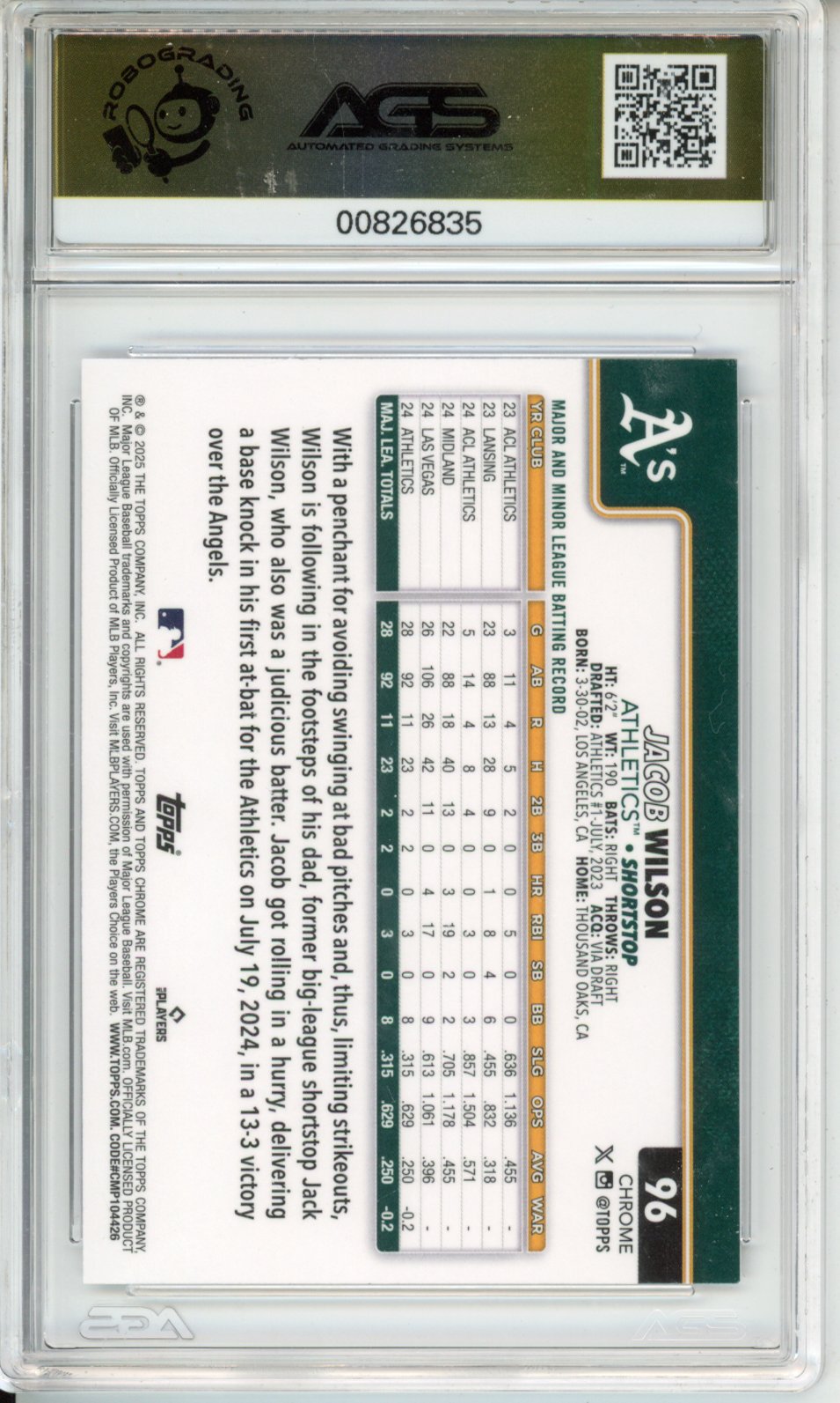 Baseball 2025 Topps Chrome JACOB WILSON #096 Geometric Refractor AGS 10