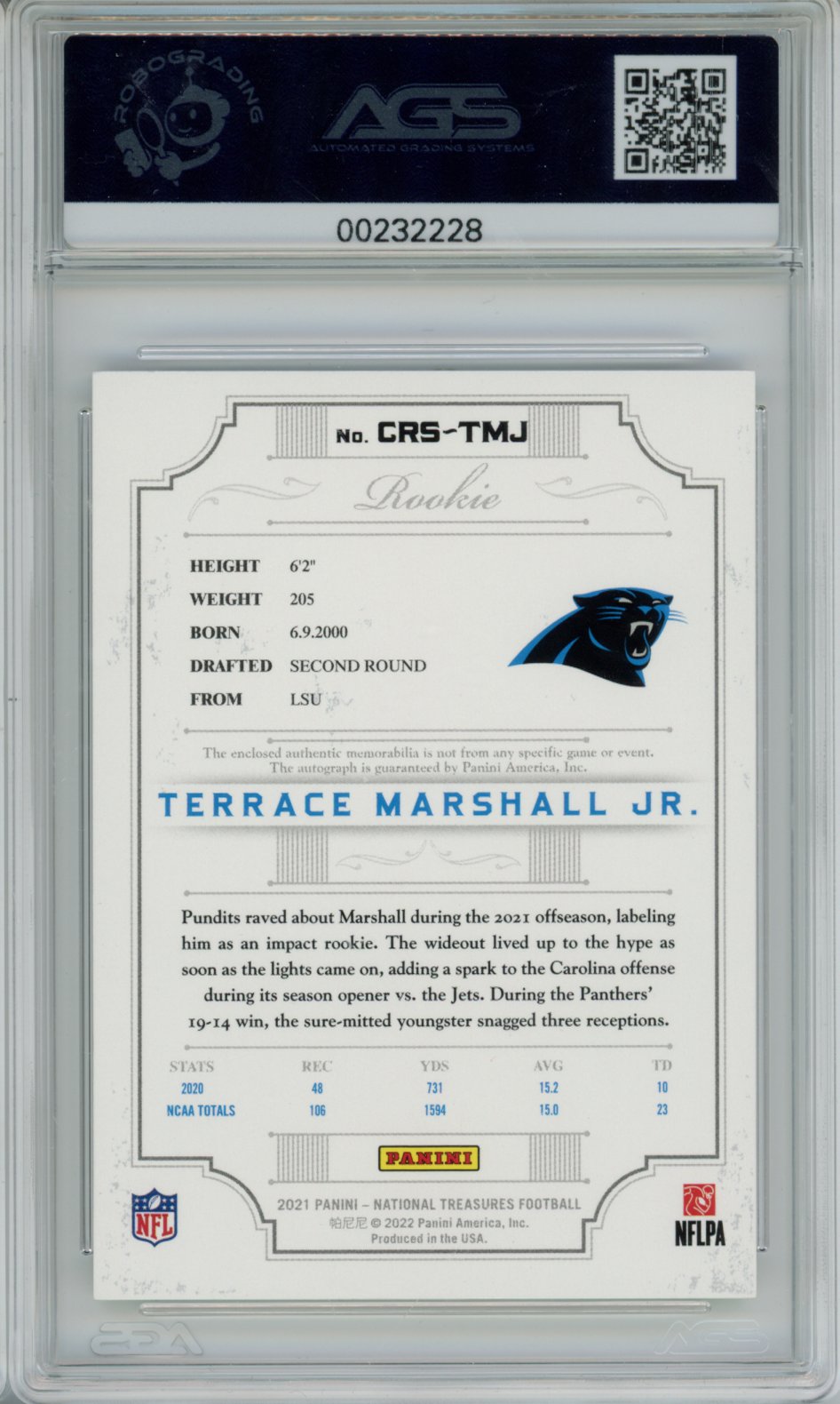 2022 Football 2021 Panini National Treasures Terrace Marshall Jr. #CRS-TMJ /10 AGS 8