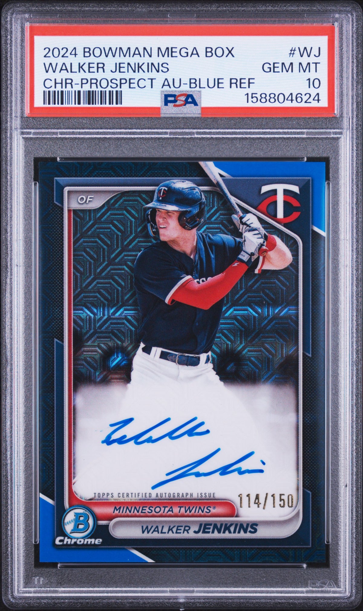 2024 Bowman Mega Box Chrome Bowman Prospect Mega Autographs Walker Jenkins Blue Refractor WJ English PSA 10