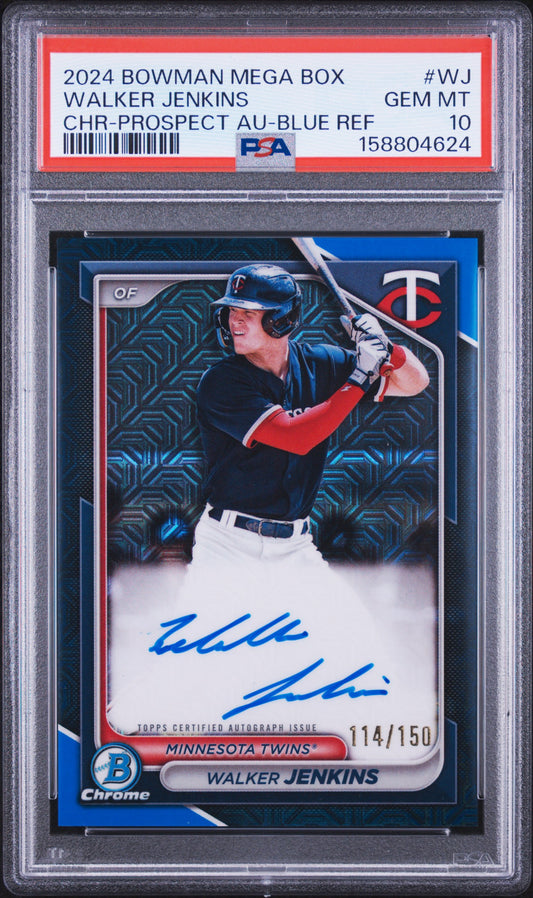 2024 Bowman Mega Box Chrome Bowman Prospect Mega Autographs Walker Jenkins Blue Refractor WJ English PSA 10