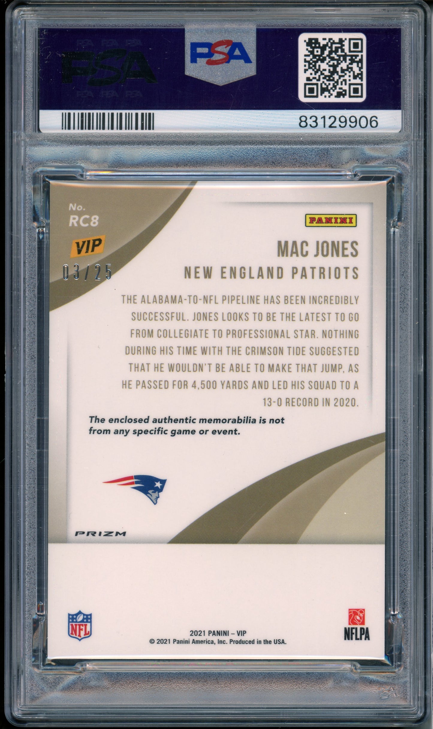 2022 Panini National Vip Mac Jones #RC8 Rookies Memorabilia PSA 8