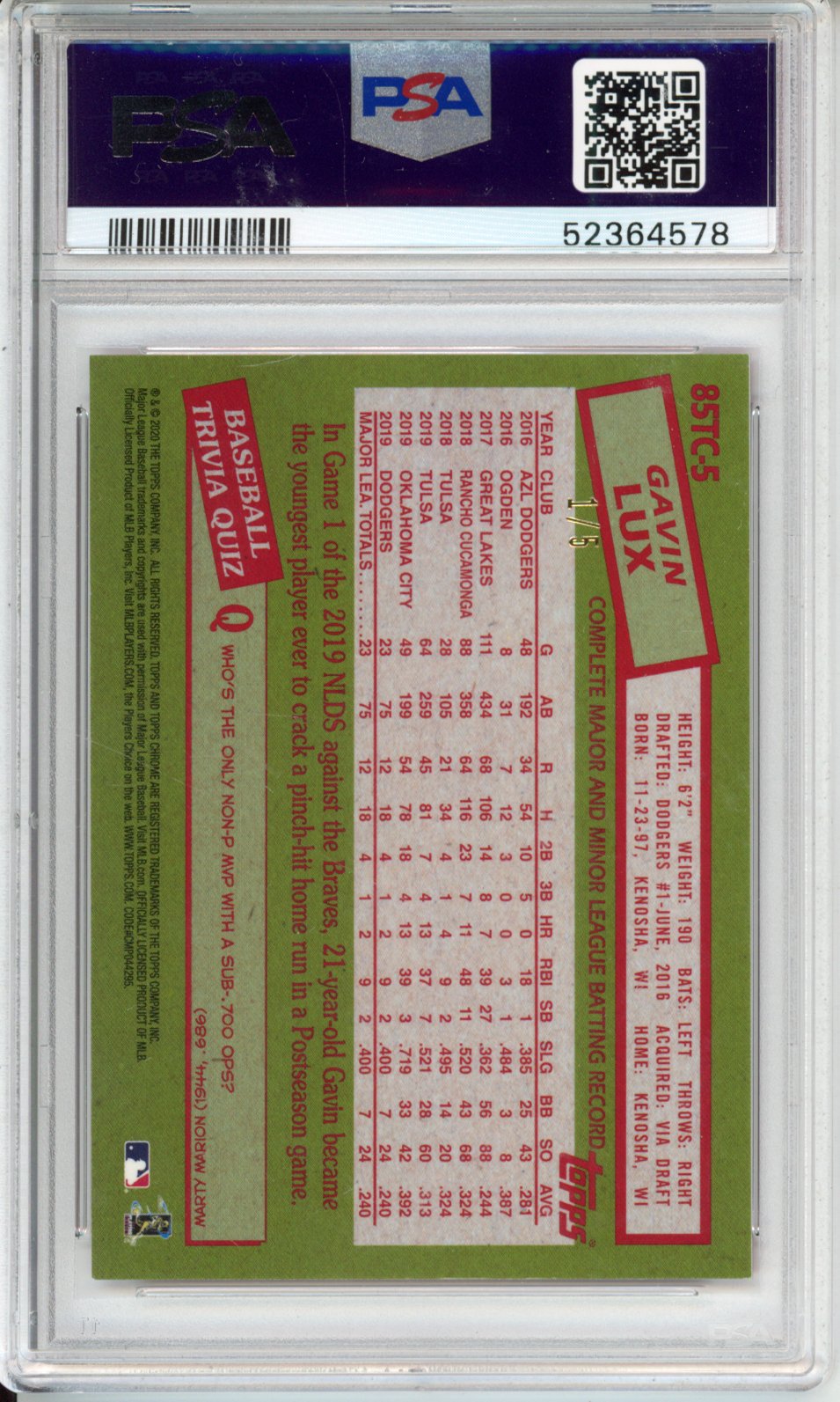 2020 Topps Chrome 1985 Topps Gavin Lux #85TC5 '85 Red Refractor PSA 10