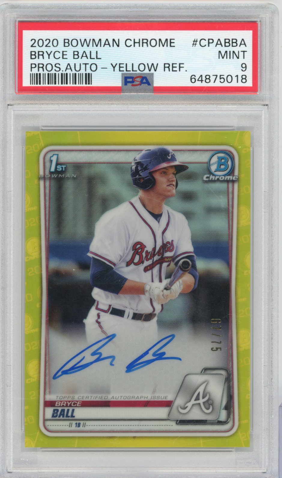 2020 Bowman Chrome Prospect Autographs Bryce Ball Yellow Refractor CPABBA English PSA 9