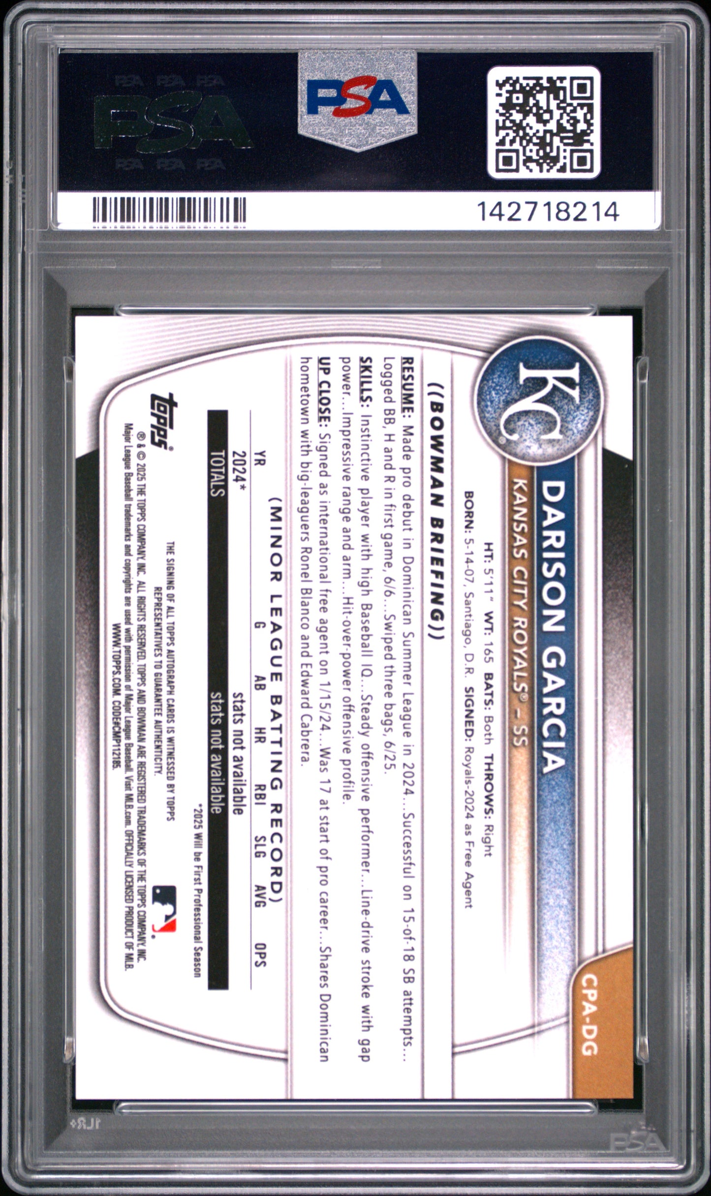 2025 Bowman Chrome Prospect Autographs Darison Garcia #CPADG Blue Raywave PSA 8