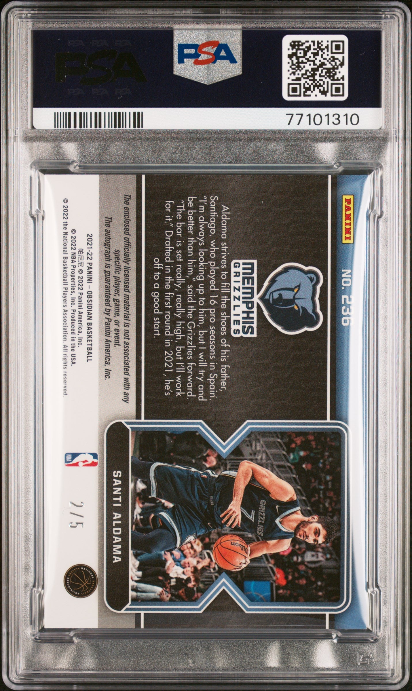 2021 Panini Obsidian Santi Aldama #236 Jsy. Auto E E Red /5 PSA 9