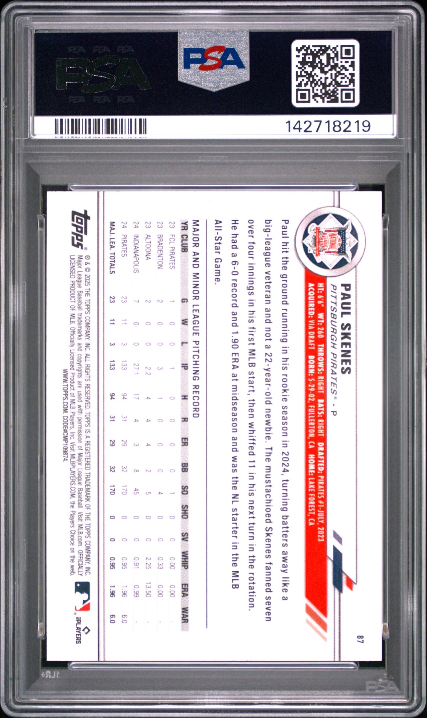 2025 Topps All-Star Game Paul Skenes #87 Pink Foil PSA 10 /250