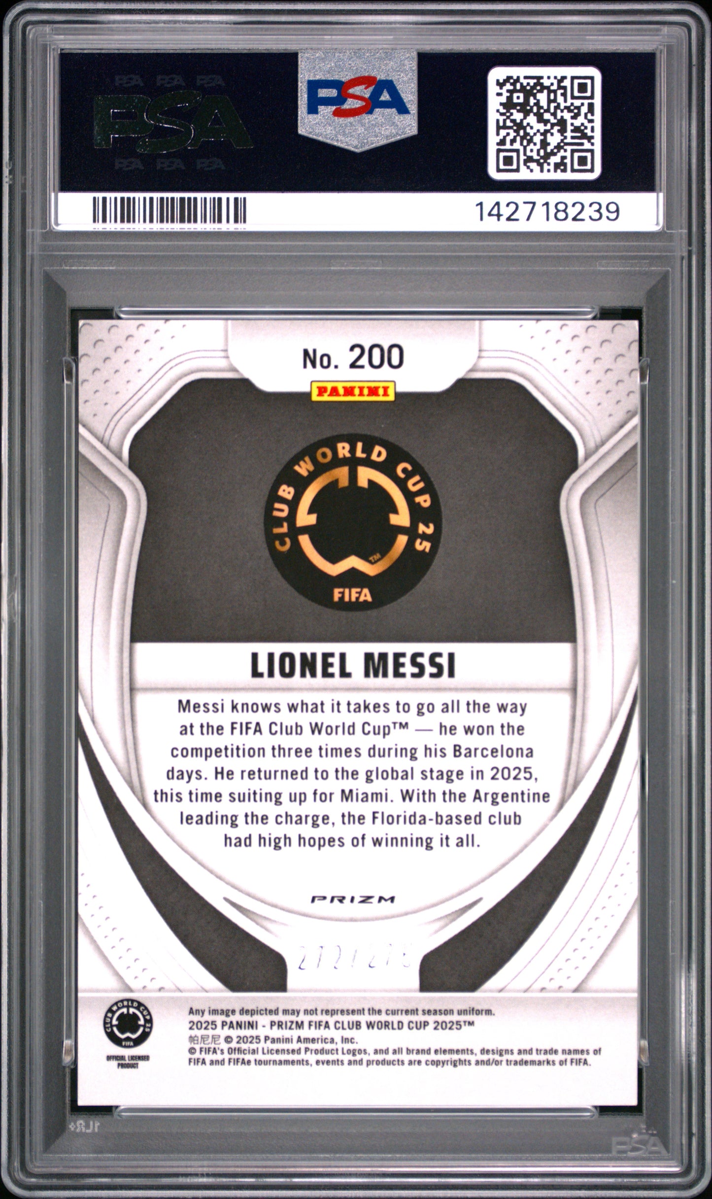 2025 Panini Prizm FIFA Club World Cup Lionel Messi #200 Blue Seismic PSA 9