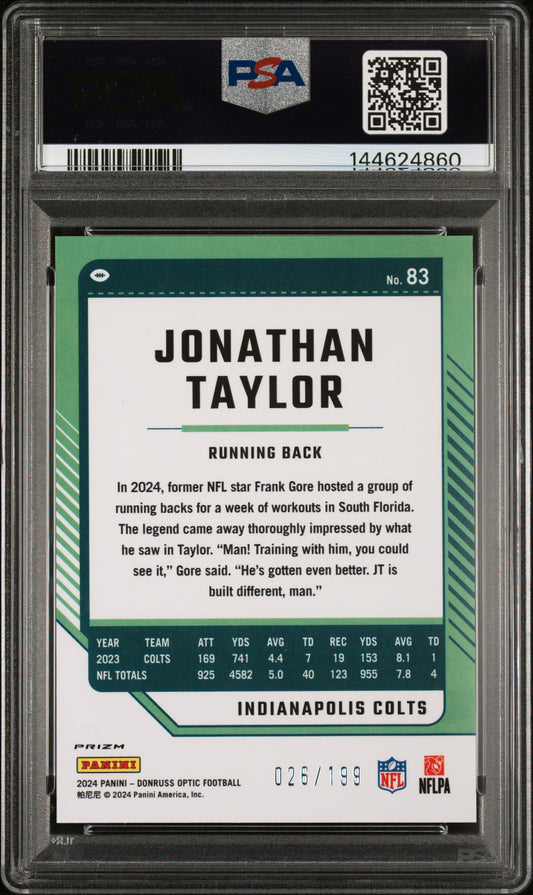 2024 Panini Donruss Optic Jonathan Taylor #83 Blue 026/199 PSA 8