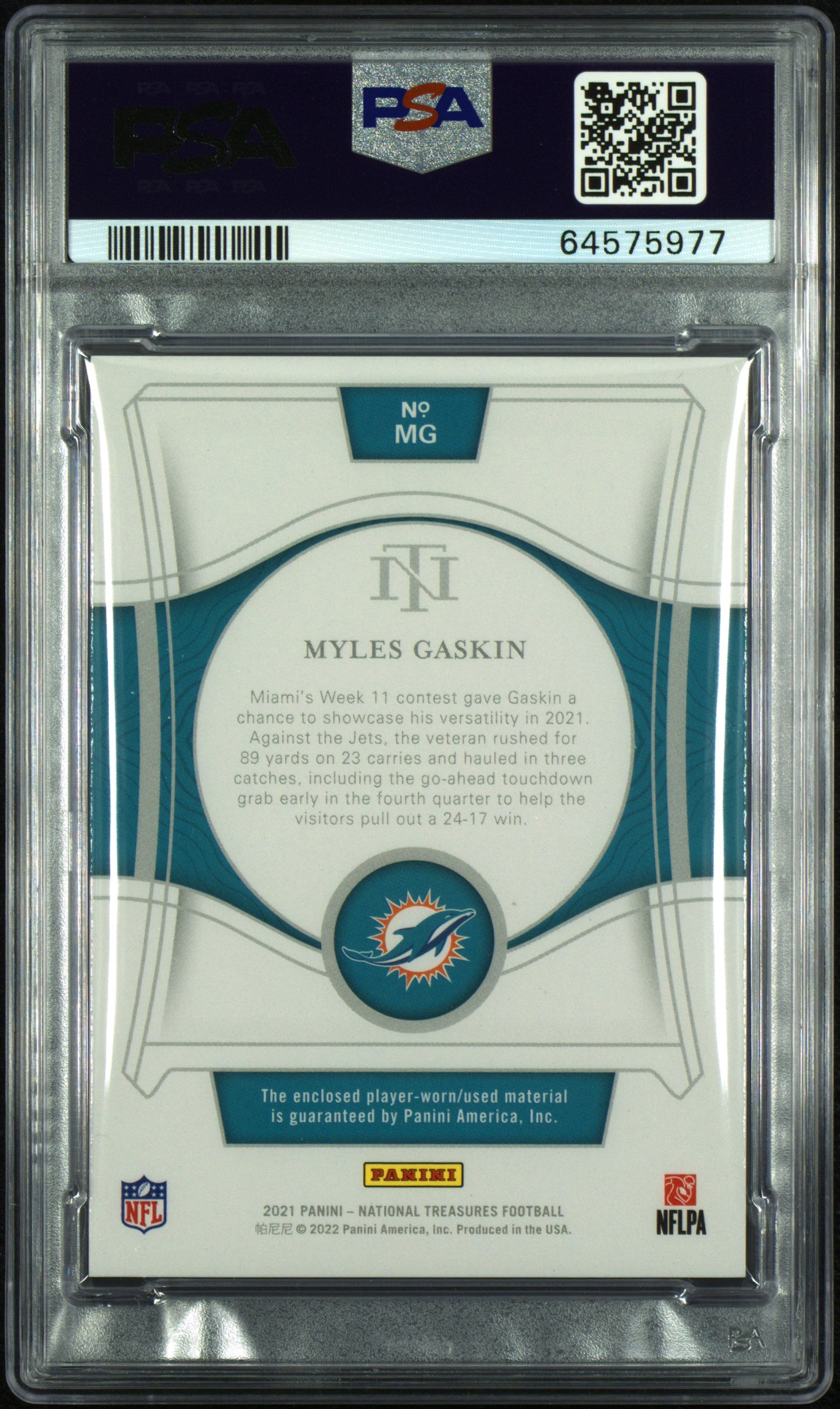 2021 Panini National Treasures Treasured Patches Myles Gaskin #MG Platinum PSA 8
