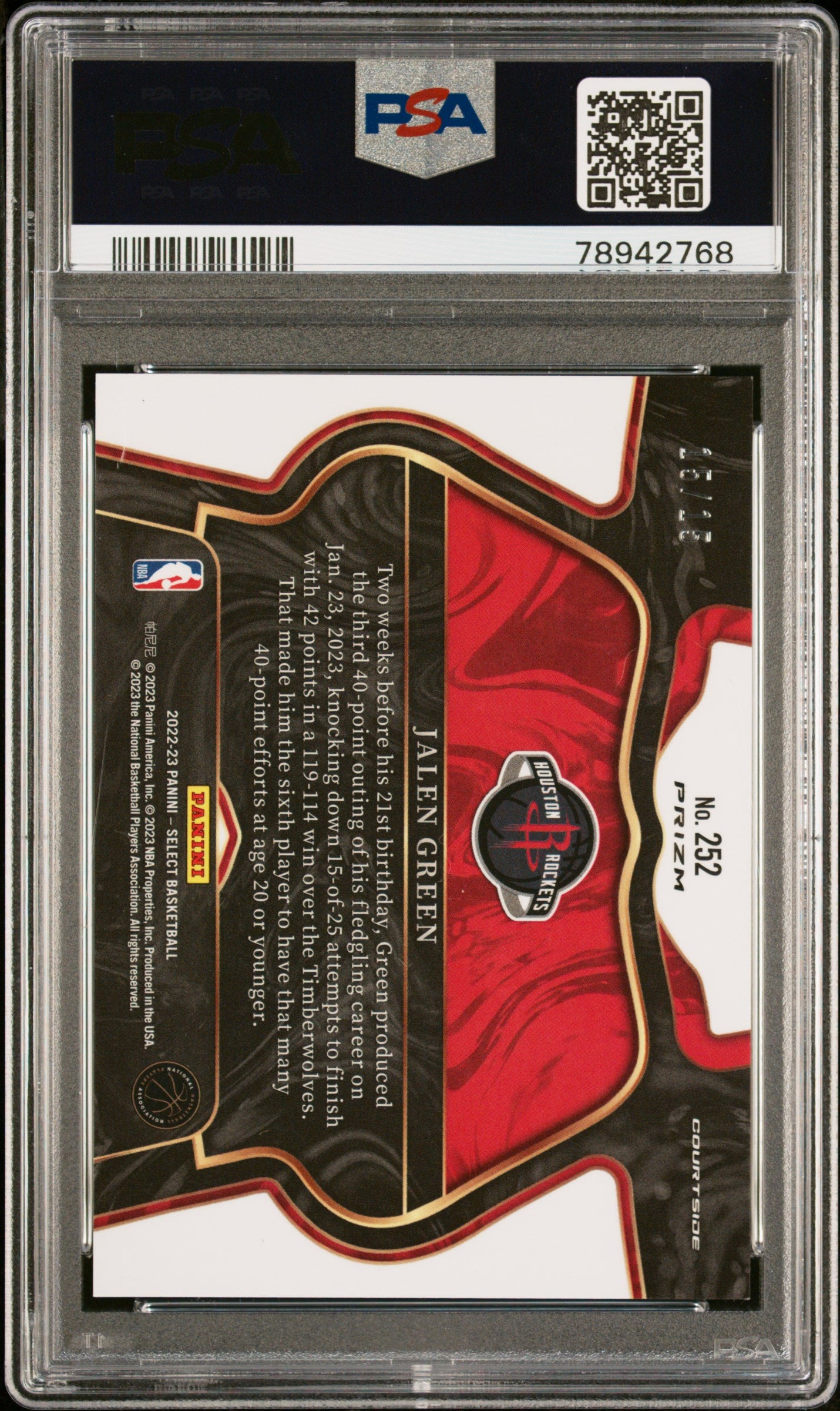 2022 Panini Select Jalen Green #252 Neon Orange Pulsar 15/15 Fotl PSA 9
