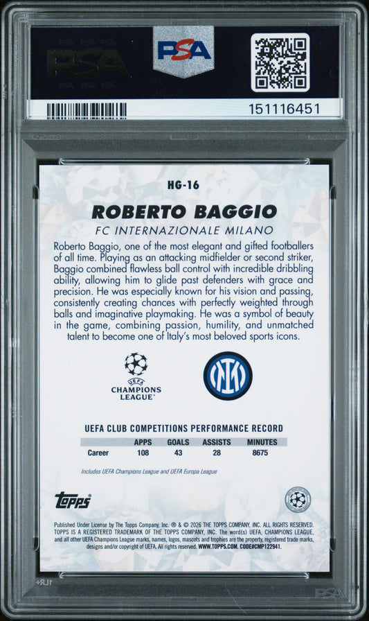2025-2026 Topps UEFA Club Competitions Hidden Gems Roberto Baggio #HG-16 Amber PSA 9