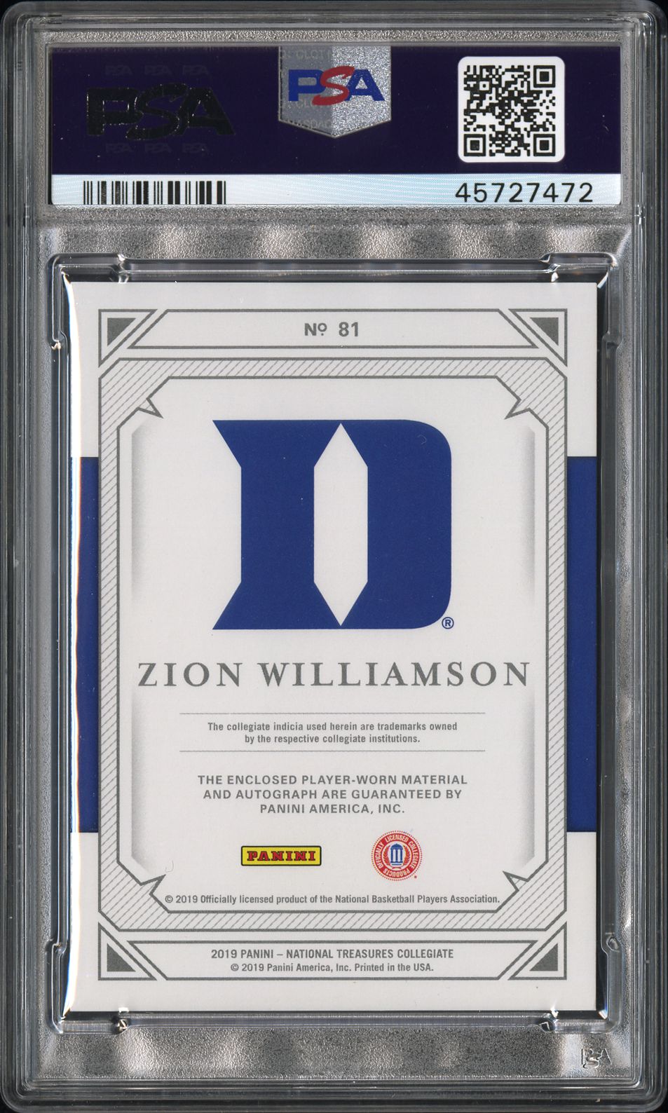 2019 National Treasures Collegiate Zion Williamson #81 Patch Auto RPA /99 PSA 10