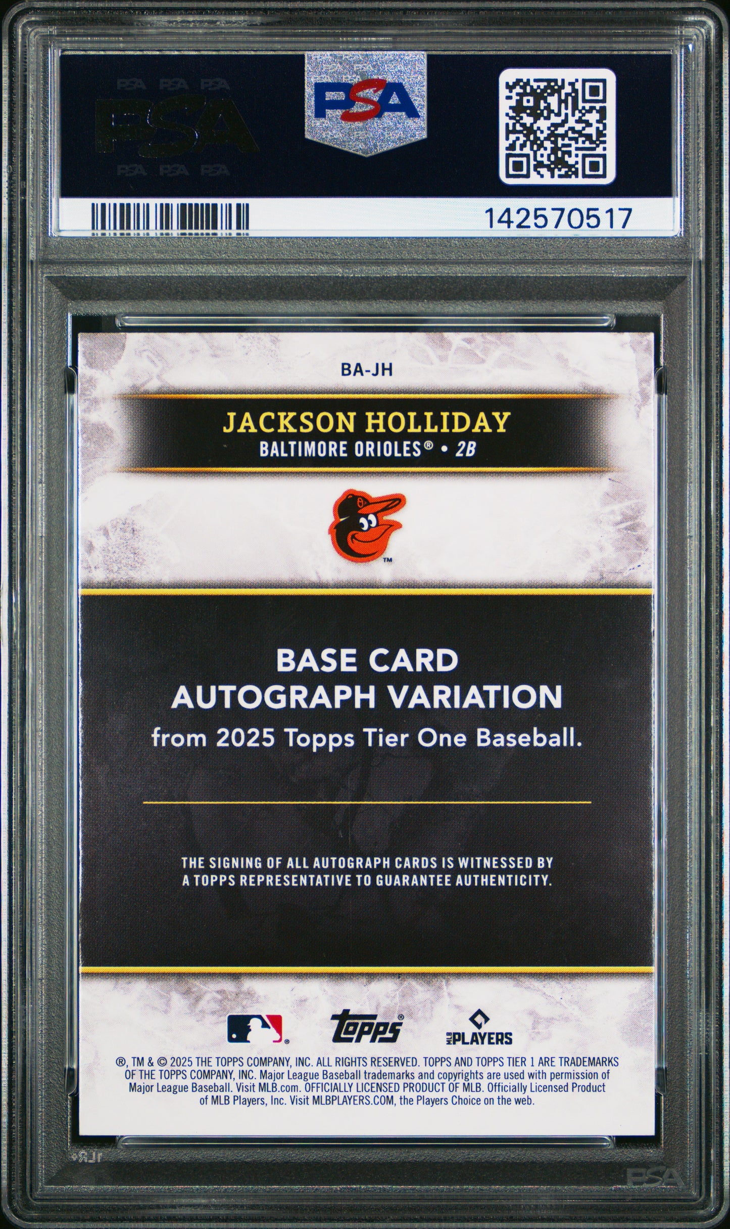 2025 Topps Tier One Auto Jackson Holliday #BA-JH Holo Platinum Blue PSA 6 /1