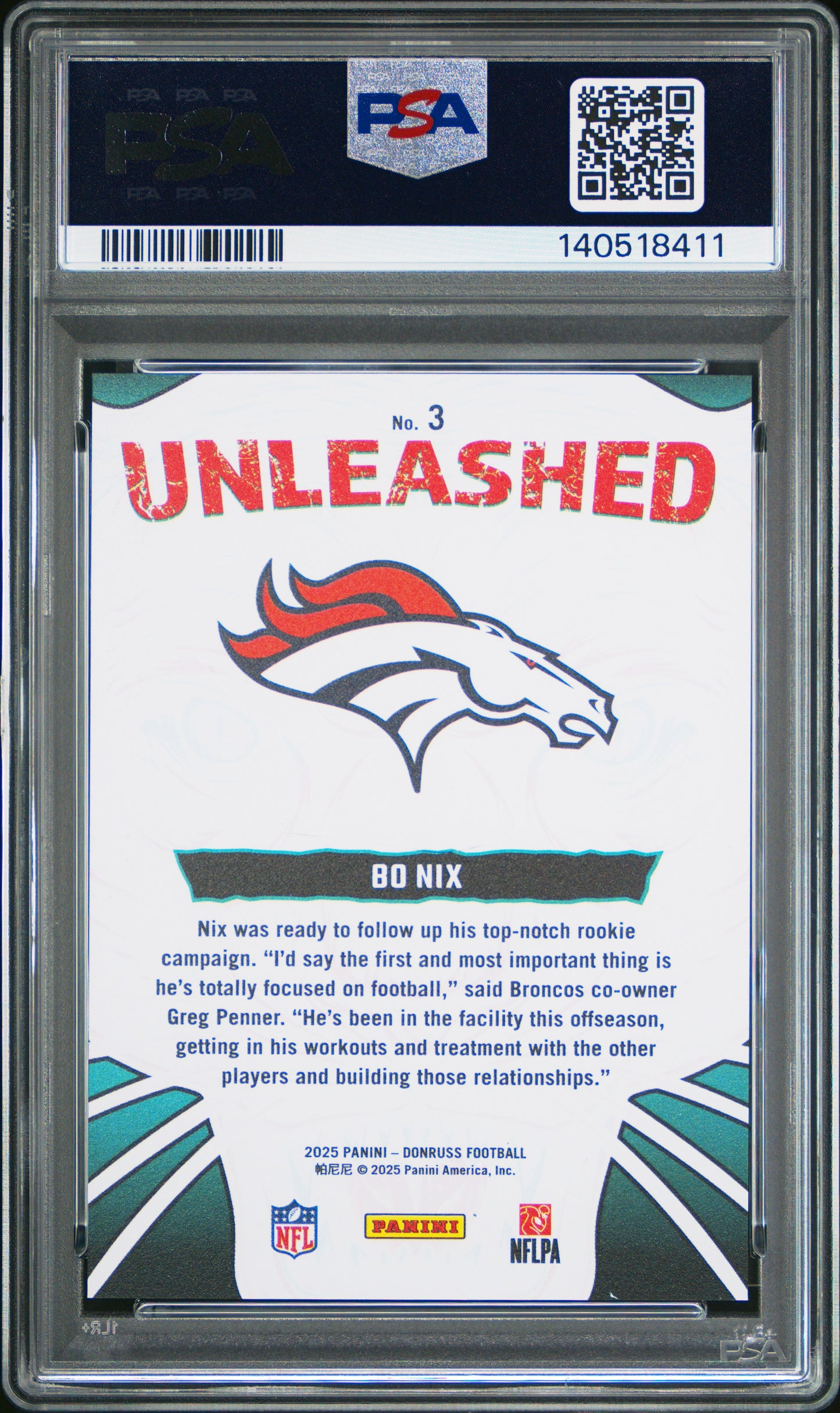 2025 Panini Donruss Unleashed Bo Nix #3 PSA 9