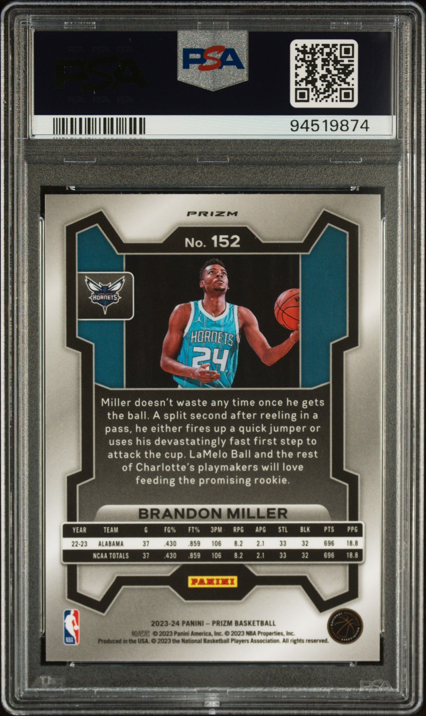 2023 Panini Prizm Brandon Miller #152 Silver PSA 10