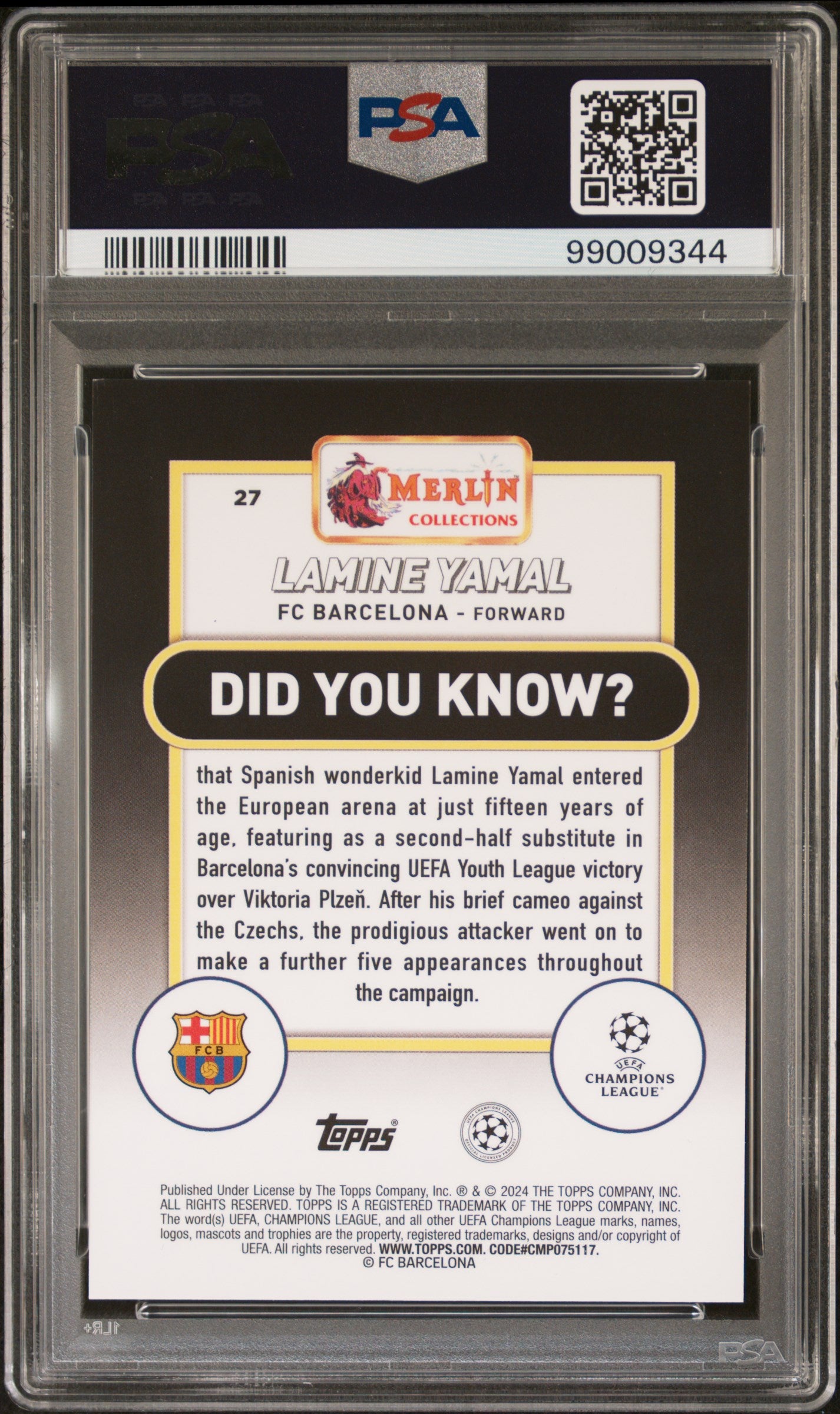 2023-24 Topps Merlin UEFA /150 Lamine Yamal #27 Speckle Refractor PSA 9