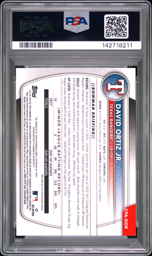 2025 Bowman Chrome Prospect Autographs David Ortiz JR. #CPADOR PSA 9